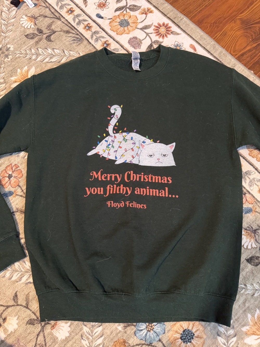 Gildan Dark Green Tee with White Cat and Multicolor Lights
